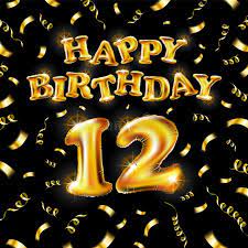 Ilustração de balões dourados com o texto Happy Birthday 12